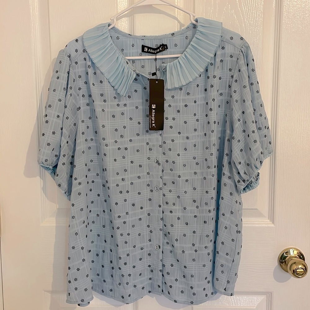 Allegra K Women's Floral Puff Sleeves Pleated Collar
Button Down Shirt, Size XL